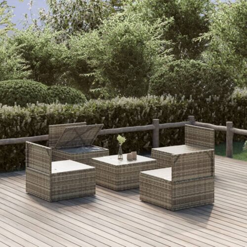 5-Piece Garden Lounge Set with Cushions Grey Poly Rattan Wicker Outdoor Patio Furniture - Image 3