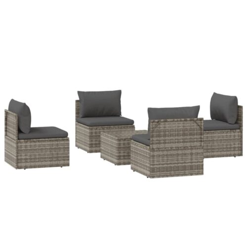 5-Piece Garden Lounge Set with Cushions Grey Poly Rattan Wicker Outdoor Patio Furniture - Image 4
