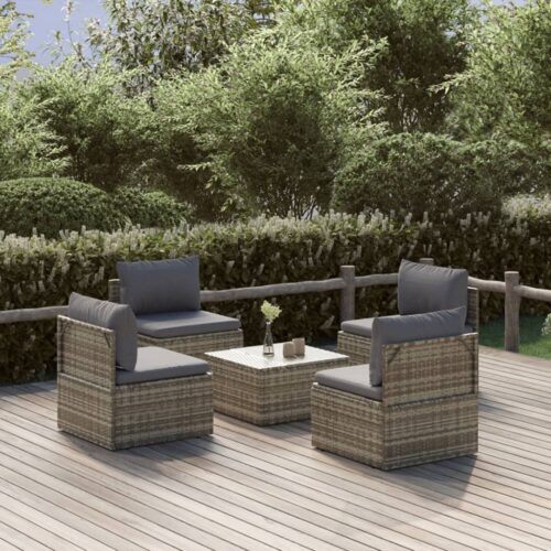 5-Piece Garden Lounge Set with Cushions Grey Poly Rattan Wicker Outdoor Patio Furniture - Image 10