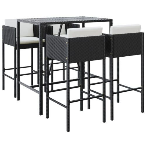 5-Piece Garden Bar Set with Cushions Black Poly Rattan Wicker Outdoor Patio Furniture