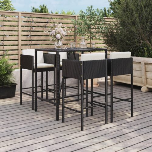5-Piece Garden Bar Set with Cushions Black Poly Rattan Wicker Outdoor Patio Furniture - Image 9