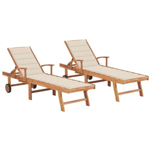 Sun Loungers 2pcs with Cream Cushion Solid Teak Wood - Image 12