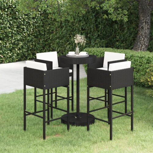 5-Piece Garden Bar Set with Cushions Poly Rattan Wicker Outdoor Patio Furniture Black - Image 10