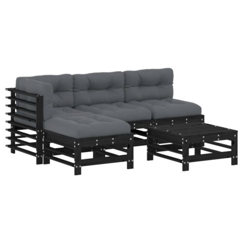 5-Piece Garden Lounge Set with Cushions Black Wood Timber Outdoor Patio Furniture