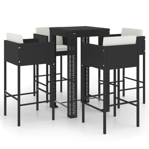 5-Piece Garden Bar Set with Cushions Poly Rattan Wicker Outdoor Patio Furniture Black