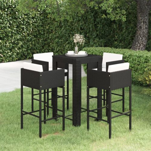 5-Piece Garden Bar Set with Cushions Poly Rattan Wicker Outdoor Patio Furniture Black - Image 10