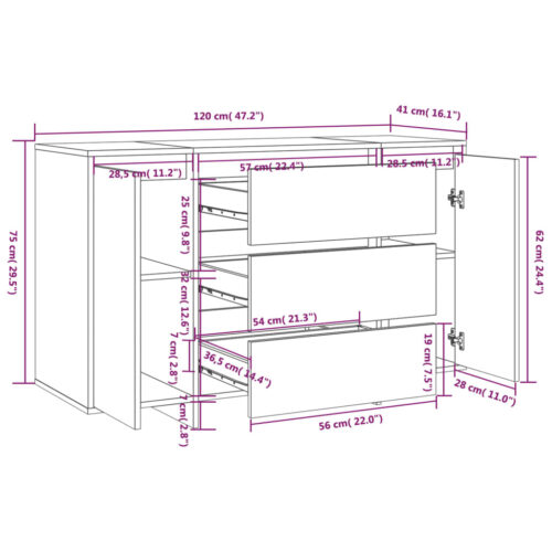 Sideboard with 3 Drawers White 120x41x75cm Engineered Wood - Image 8