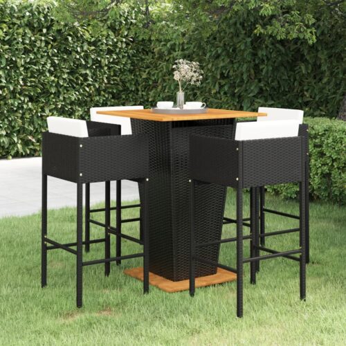 5-Piece Garden Bar Set with Cushions Poly Rattan Wicker Outdoor Patio Furniture Black - Image 11