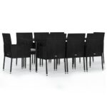 9-Piece Garden Dining Set with Cushions Black Poly Rattan Wicker Outdoor Patio Furniture