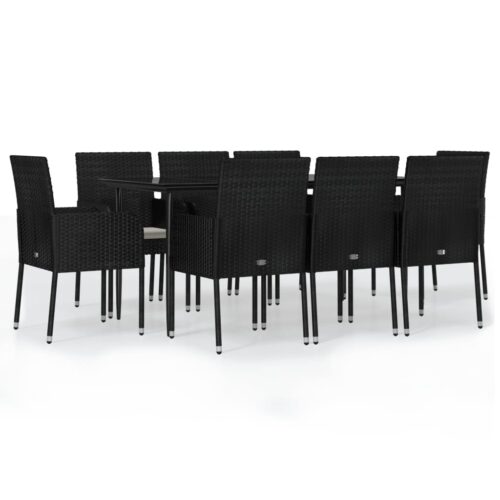 9-Piece Garden Dining Set with Cushions Black Poly Rattan Wicker Outdoor Patio Furniture
