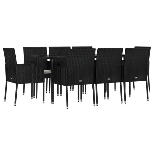 9-Piece Garden Dining Set with Cushions Black Poly Rattan Wicker Outdoor Patio Furniture - Image 3