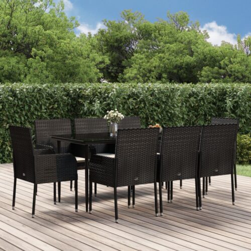 9-Piece Garden Dining Set with Cushions Black Poly Rattan Wicker Outdoor Patio Furniture - Image 11