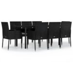 9-Piece Garden Dining Set with Cushions Black Poly Rattan Wicker Outdoor Patio Furniture
