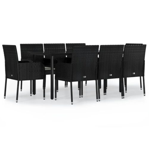 9-Piece Garden Dining Set with Cushions Black Poly Rattan Wicker Outdoor Patio Furniture