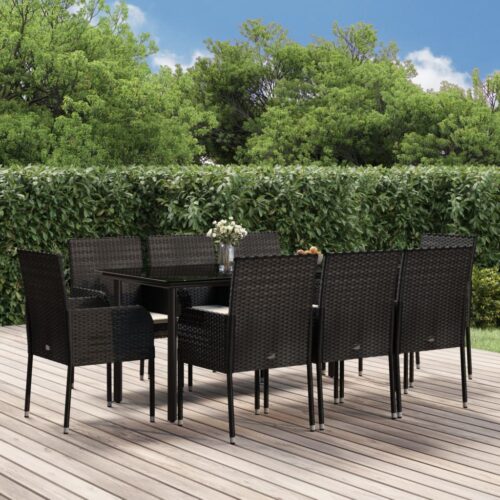 9-Piece Garden Dining Set with Cushions Black Poly Rattan Wicker Outdoor Patio Furniture - Image 10