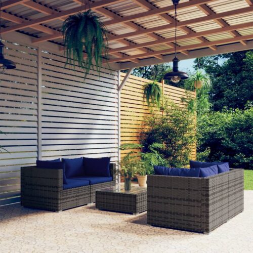 5-Piece Garden Lounge Set with Cushions Poly Rattan Wicker Outdoor Patio Furniture Grey - Image 10