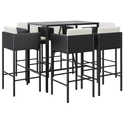 7-Piece Garden Bar Set with Cushions Black Poly Rattan Wicker Outdoor Patio Furniture