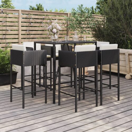 7-Piece Garden Bar Set with Cushions Black Poly Rattan Wicker Outdoor Patio Furniture - Image 9