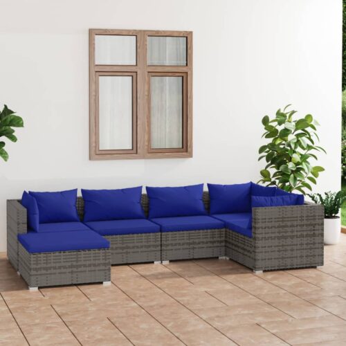6-Piece Garden Lounge Set with Cushions Poly Rattan Wicker Outdoor Patio Furniture Grey - Image 12