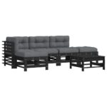 6-Piece Garden Lounge Set with Cushions Black Pine Wood Outdoor Patio Furniture