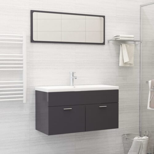 Bathroom Furniture Set High Gloss Grey Engineered Wood - Image 12