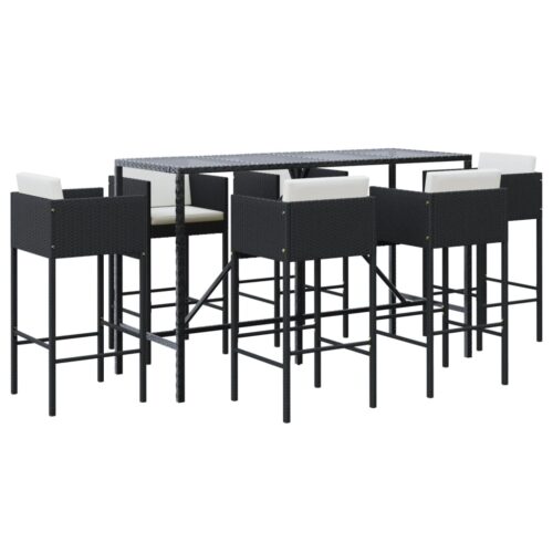 7-Piece Garden Bar Set with Cushions Black Poly Rattan Wicker Outdoor Patio Furniture