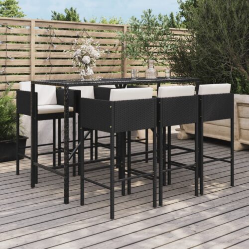 7-Piece Garden Bar Set with Cushions Black Poly Rattan Wicker Outdoor Patio Furniture - Image 9