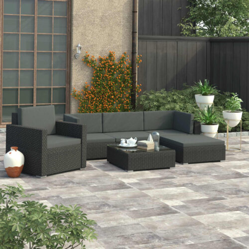 6-Piece Garden Lounge Set with Cushions Poly Rattan Wicker Outdoor Patio Furniture Black - Image 12