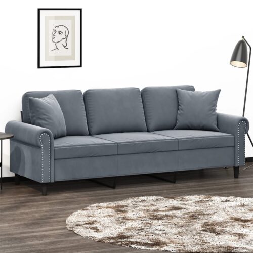 3-Seater Sofa with Cushions Couch Lounge Chairs Velvet Fabric Dark Grey 180cm - Image 9