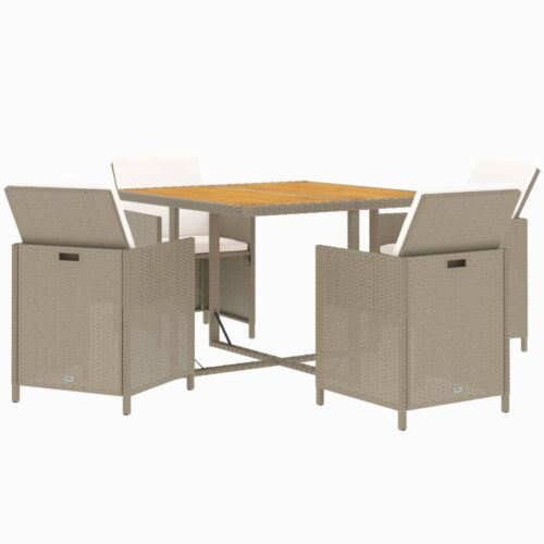 5-Piece Garden Dining Set with Cushions Poly Rattan Wicker Outdoor Patio Furniture Beige - Image 3