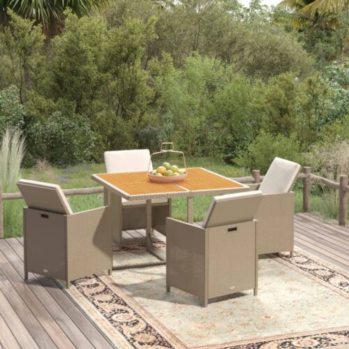 5-Piece Garden Dining Set with Cushions Poly Rattan Wicker Outdoor Patio Furniture Beige - Image 10