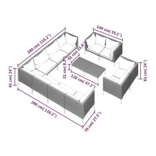 12-Piece Garden Lounge Set with Cushions Poly Rattan Wicker Outdoor Patio Furniture Dark Grey - Image 9