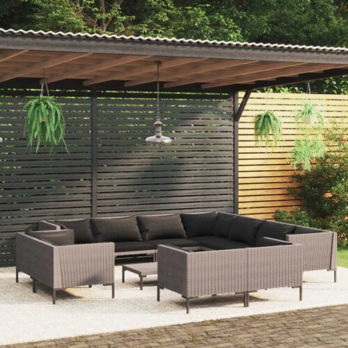 12-Piece Garden Lounge Set with Cushions Poly Rattan Wicker Outdoor Patio Furniture Dark Grey - Image 12