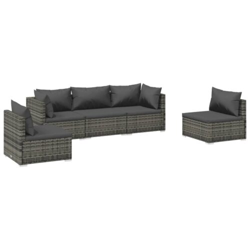 5-Piece Garden Lounge Set with Cushions Poly Rattan Wicker Outdoor Patio Furniture Grey