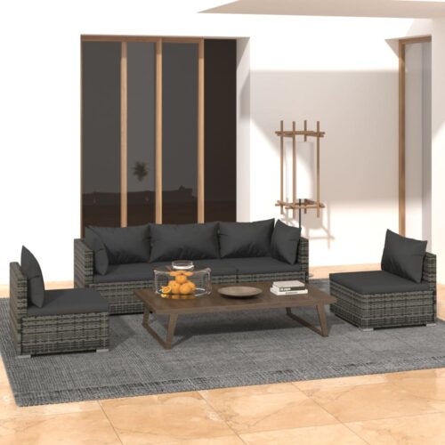 5-Piece Garden Lounge Set with Cushions Poly Rattan Wicker Outdoor Patio Furniture Grey - Image 10