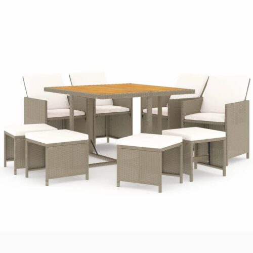 9-Piece Garden Dining Set with Cushions Poly Rattan Wicker Outdoor Patio Furniture Beige