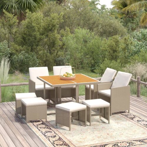 9-Piece Garden Dining Set with Cushions Poly Rattan Wicker Outdoor Patio Furniture Beige - Image 11