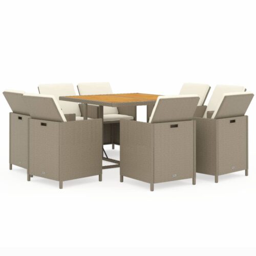 9-Piece Garden Dining Set with Cushions Poly Rattan Wicker Outdoor Patio Furniture Beige