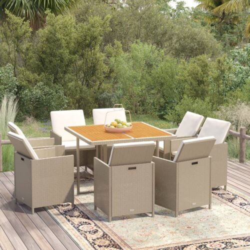 9-Piece Garden Dining Set with Cushions Poly Rattan Wicker Outdoor Patio Furniture Beige - Image 8