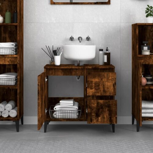 Wooden Bathroom Vanity Cabinet Basin Sink Storage Stand Smoked Oak 65x33x60cm - Image 3