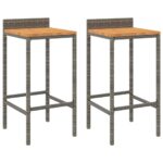 2x Grey Rattan Wood Acacia Bar Stools Kitchen Dining Chairs Indoor Outdoor Seats
