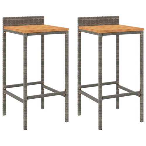 2x Grey Rattan Wood Acacia Bar Stools Kitchen Dining Chairs Indoor Outdoor Seats