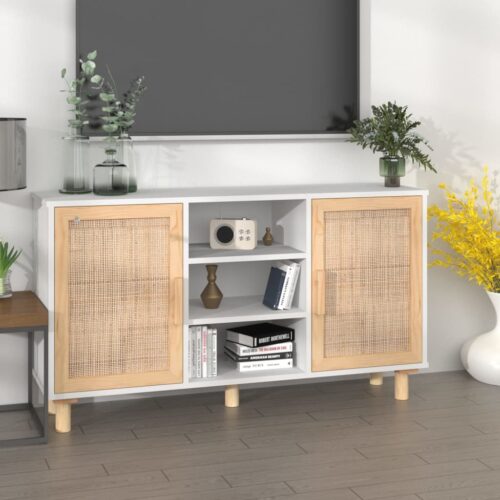 Sideboard White 105x30x60cm Solid Wood Pine Natural Rattan - Image 10