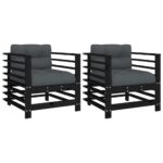 Garden Chairs with Cushions 2pcs Black Solid Wood Pine