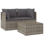 3-Piece Garden Lounge Set with Cushions Grey Poly Rattan