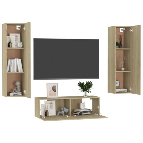 3-Piece TV Cabinet Entertainment Unit Stand Storage Table Cupboard Shelf Oak - Image 3