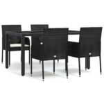 5-Piece Garden Dining Set with Cushions Black Poly Rattan Wicker Outdoor Patio Furniture