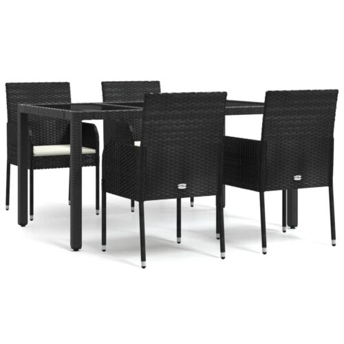 5-Piece Garden Dining Set with Cushions Black Poly Rattan Wicker Outdoor Patio Furniture