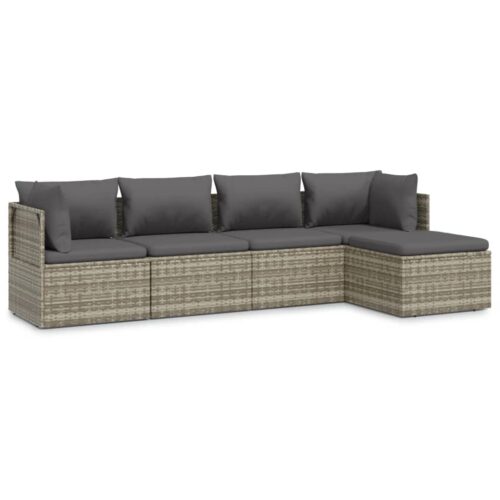 5-Piece Garden Lounge Set with Cushions Grey Poly Rattan Wicker Outdoor Patio Furniture