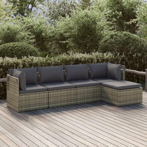 5-Piece Garden Lounge Set with Cushions Grey Poly Rattan Wicker Outdoor Patio Furniture - Image 9